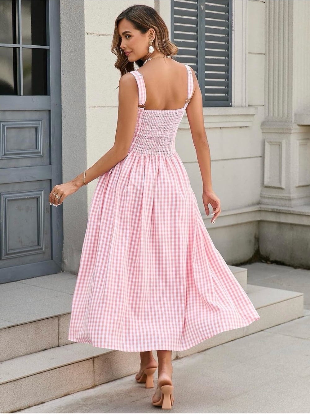Brand New! Pink Gingham Square-Neck Maxi Corset Dress (Size: Large) - Picture 2 of 7